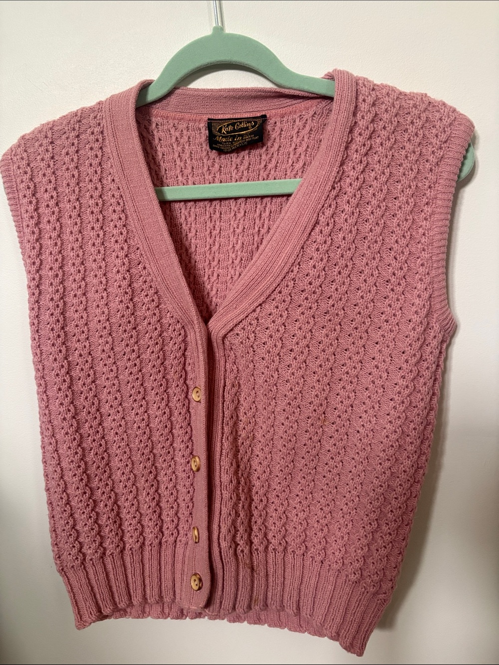 Vintage Kate collins  Pink V-Neck Buttoned Knit Sweater Vest